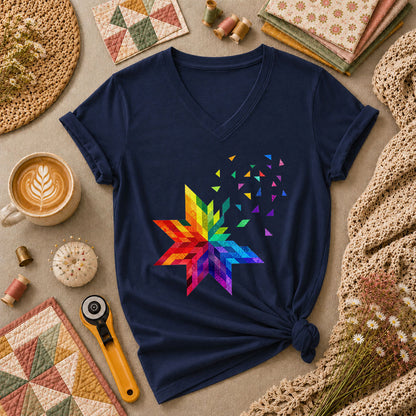 Rainbow Quilt Star Patchwork Pride Women's V-Neck - Navy