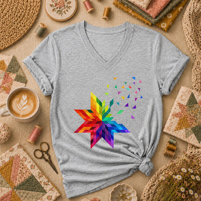 Rainbow Quilt Star Patchwork Pride Women's V-Neck - Sport Grey