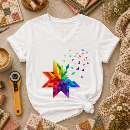 Rainbow Quilt Star Patchwork Pride Women's V-Neck - White