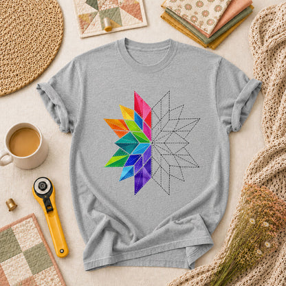 Rainbow Quilt Star Pattern Half Sketch T-Shirt - Athletic Heather