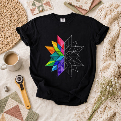 Rainbow Quilt Star Pattern Half Sketch T-Shirt - Black