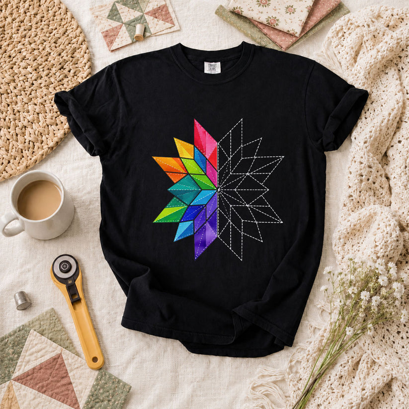 Rainbow Quilt Star Pattern Half Sketch T-Shirt - Black