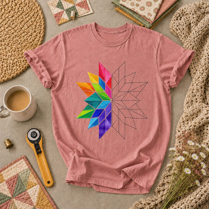 Rainbow Quilt Star Pattern Half Sketch T-Shirt - Heather Mauve