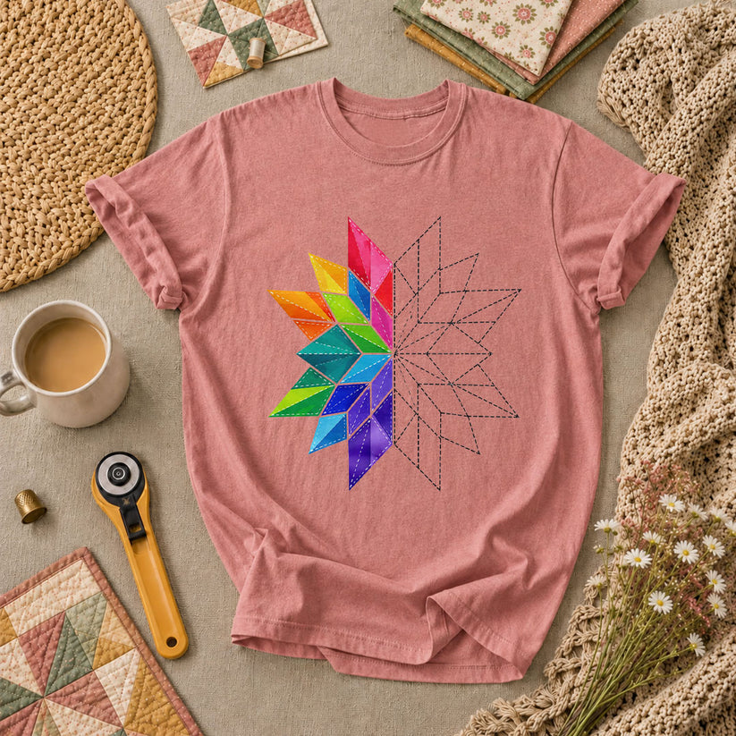 Rainbow Quilt Star Pattern Half Sketch T-Shirt - Heather Mauve