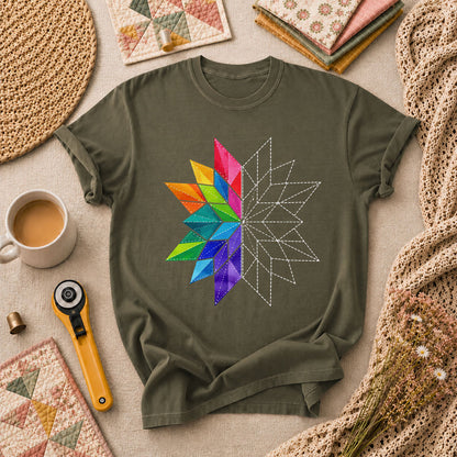 Rainbow Quilt Star Pattern Half Sketch T-Shirt - Military Green