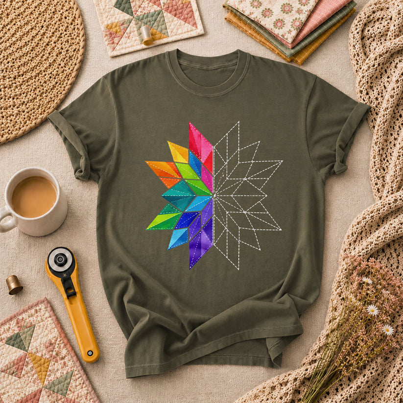 Rainbow Quilt Star Pattern Half Sketch T-Shirt - Military Green