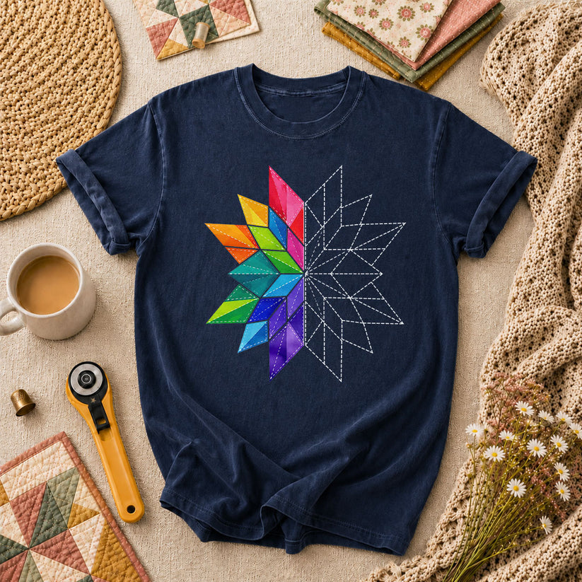 Rainbow Quilt Star Pattern Half Sketch T-Shirt - Navy