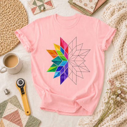 Rainbow Quilt Star Pattern Half Sketch T-Shirt - Pink