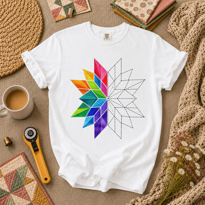 Rainbow Quilt Star Pattern Half Sketch T-Shirt - White