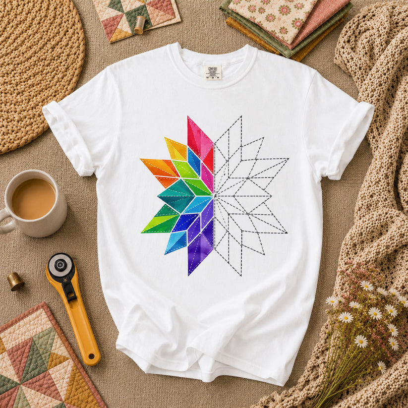 Rainbow Quilt Star Pattern Half Sketch T-Shirt - White