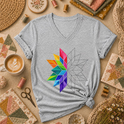 Rainbow Quilt Star Pattern Half Sketch Women's V-Neck - Athletic Heather