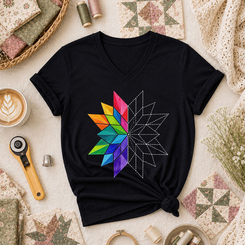 Rainbow Quilt Star Pattern Half Sketch Women's V-Neck - Black