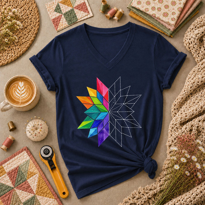 Rainbow Quilt Star Pattern Half Sketch Women's V-Neck - Navy