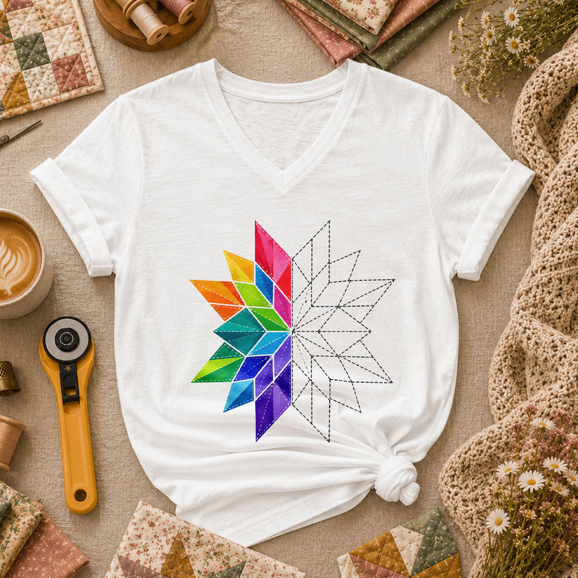 Rainbow Quilt Star Pattern Half Sketch Women's V-Neck - White