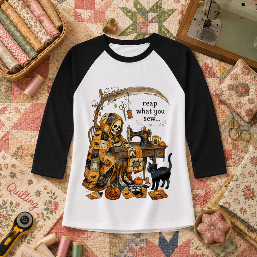 Reap What You Sew Skeleton Halloween Raglan Sleeve - Black