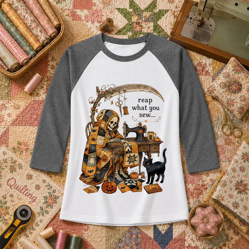 Reap What You Sew Skeleton Halloween Raglan Sleeve - Deep Heather