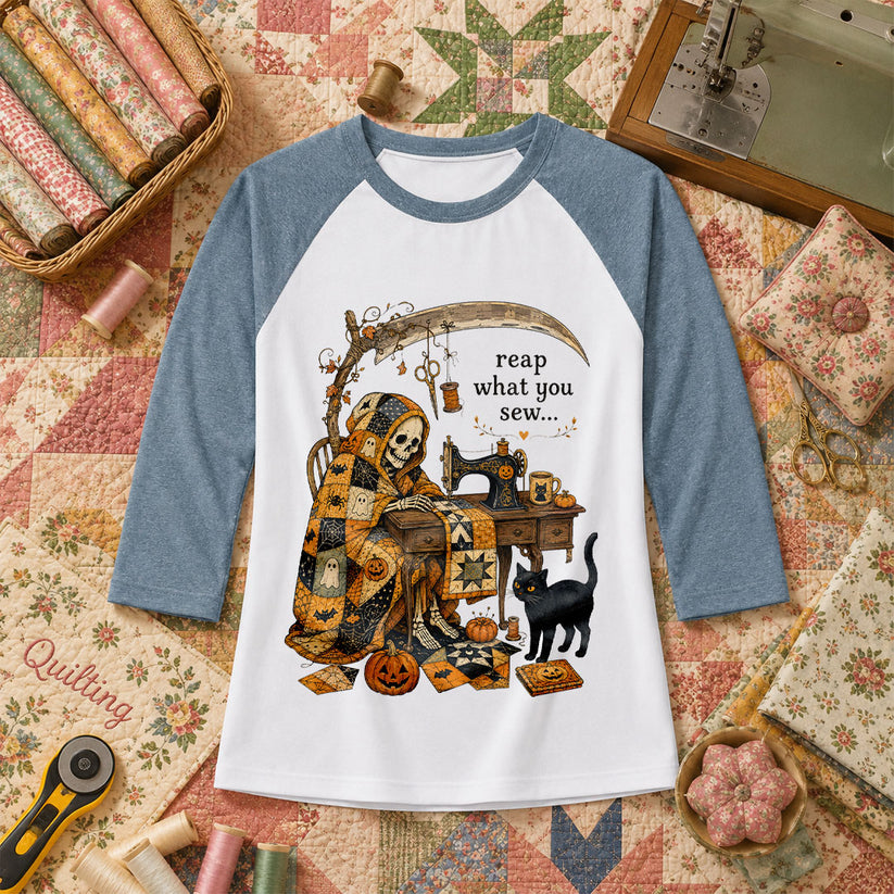Reap What You Sew Skeleton Halloween Raglan Sleeve - Denim