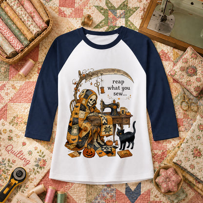 Reap What You Sew Skeleton Halloween Raglan Sleeve - Navy