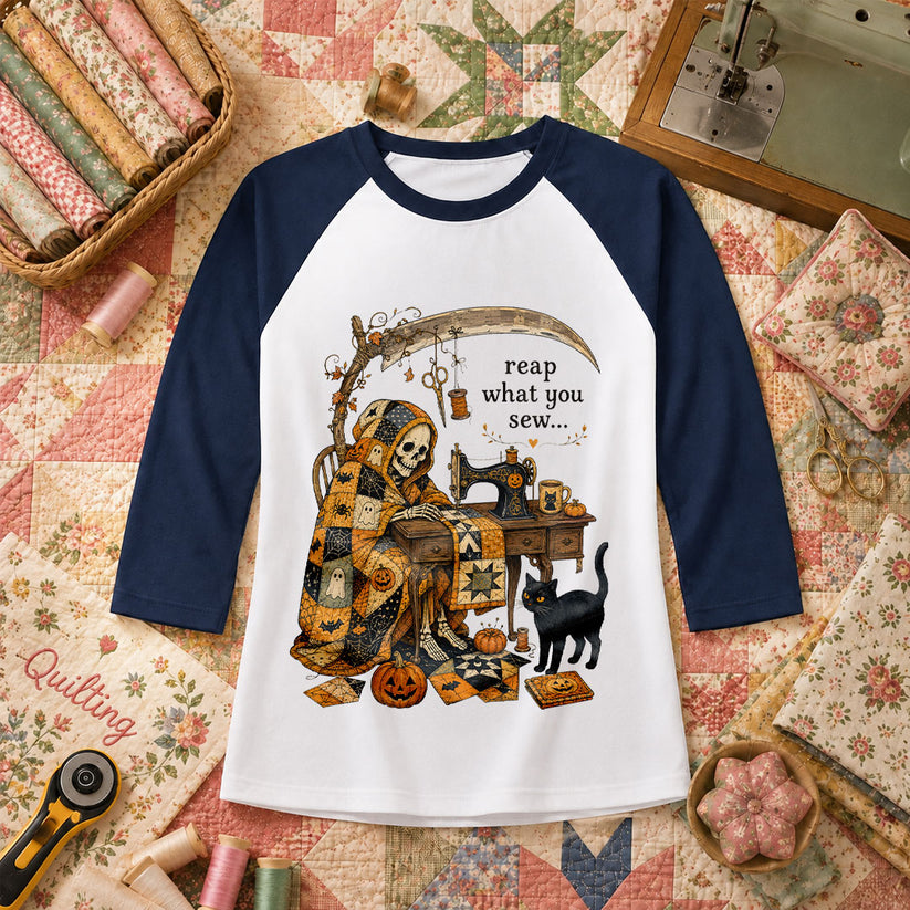 Reap What You Sew Skeleton Halloween Raglan Sleeve - Navy