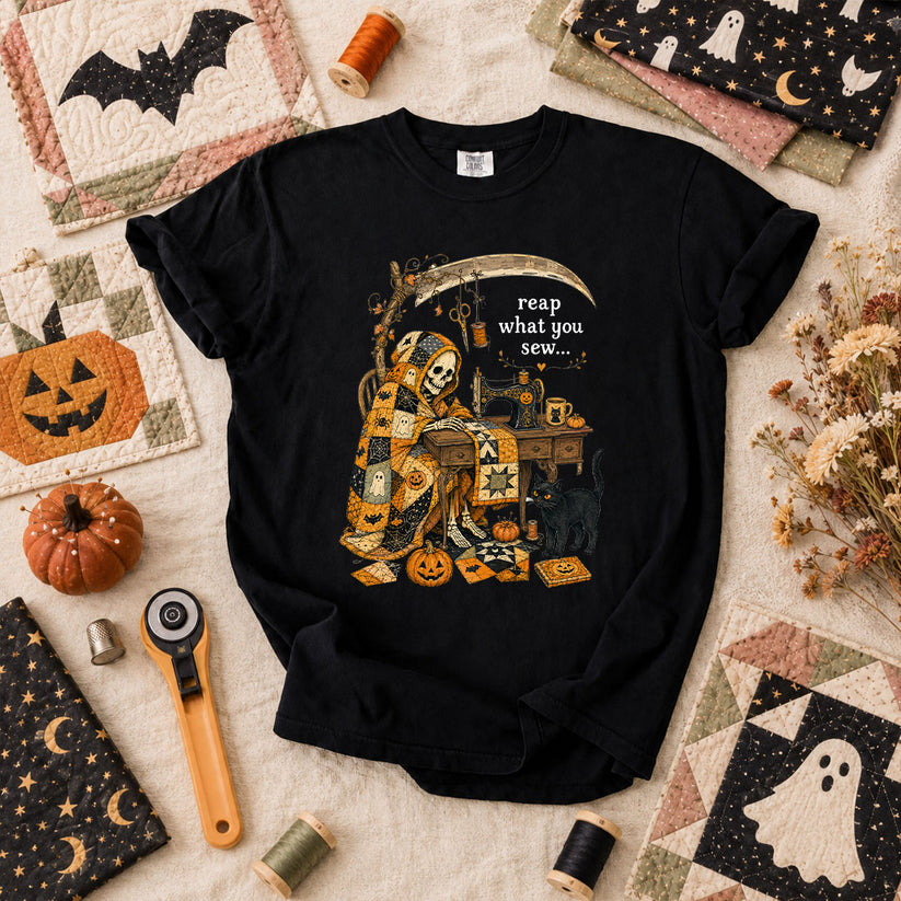 Reap What You Sew Skeleton Halloween T-Shirt - Black