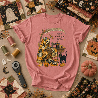 Reap What You Sew Skeleton Halloween T-Shirt - Heather Mauve