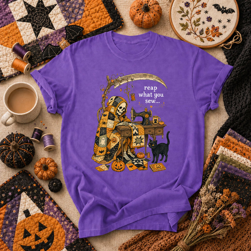 Reap What You Sew Skeleton Halloween T-Shirt - Heather Team Purple