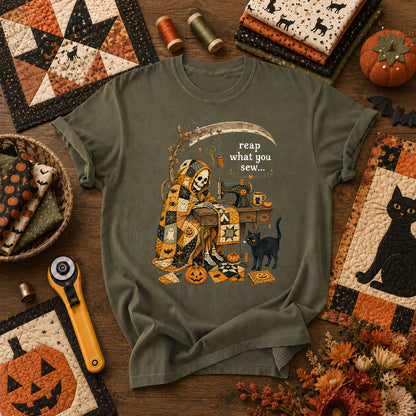 Reap What You Sew Skeleton Halloween T-Shirt - Military Green