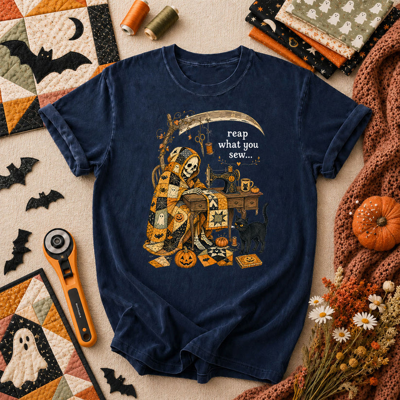 Reap What You Sew Skeleton Halloween T-Shirt - Navy