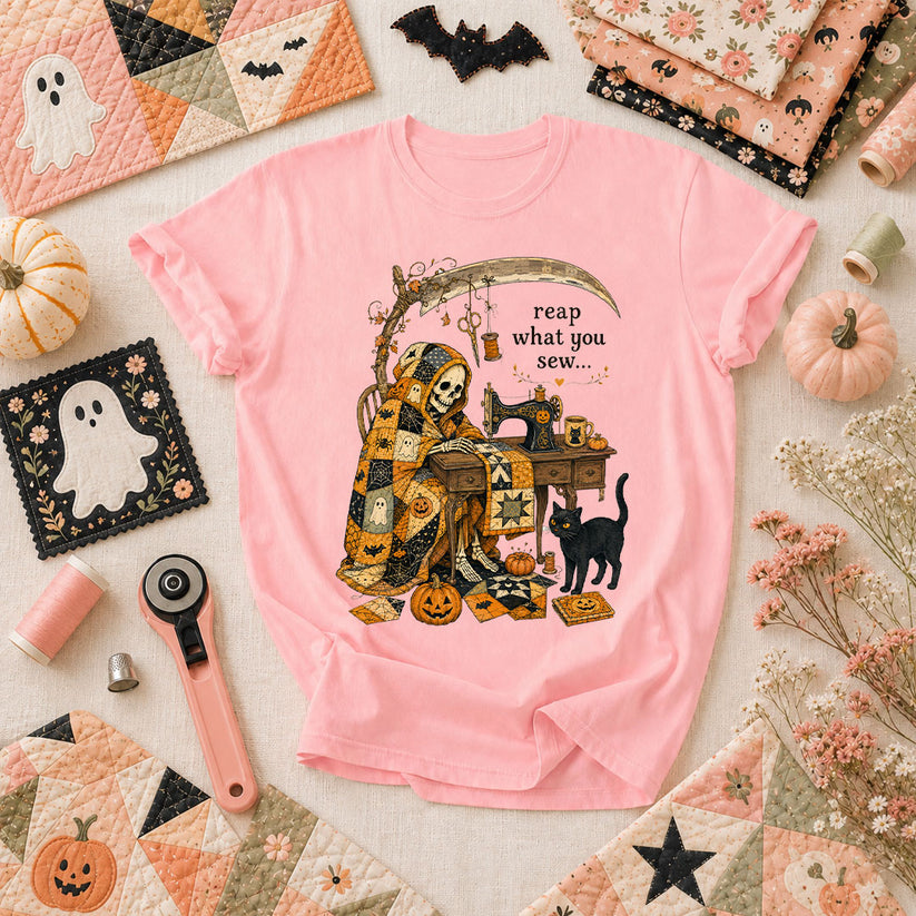 Reap What You Sew Skeleton Halloween T-Shirt - Pink