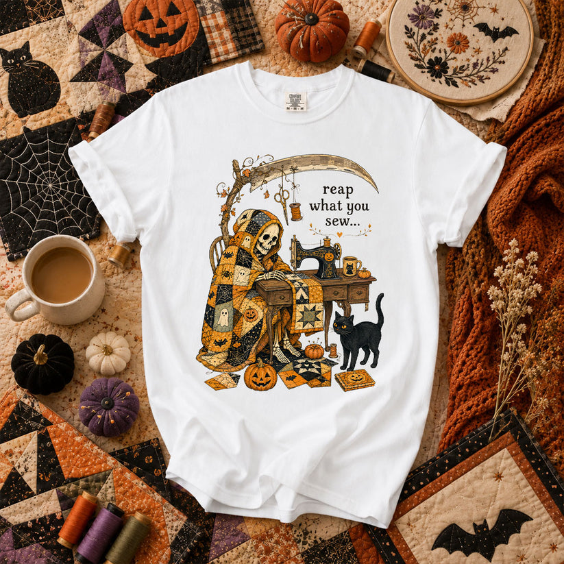 Reap What You Sew Skeleton Halloween T-Shirt - White