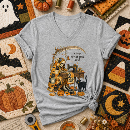 Reap What You Sew Skeleton Halloween Women's V-Neck - Athletic Heather