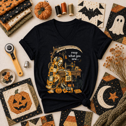 Reap What You Sew Skeleton Halloween Women's V-Neck - Black