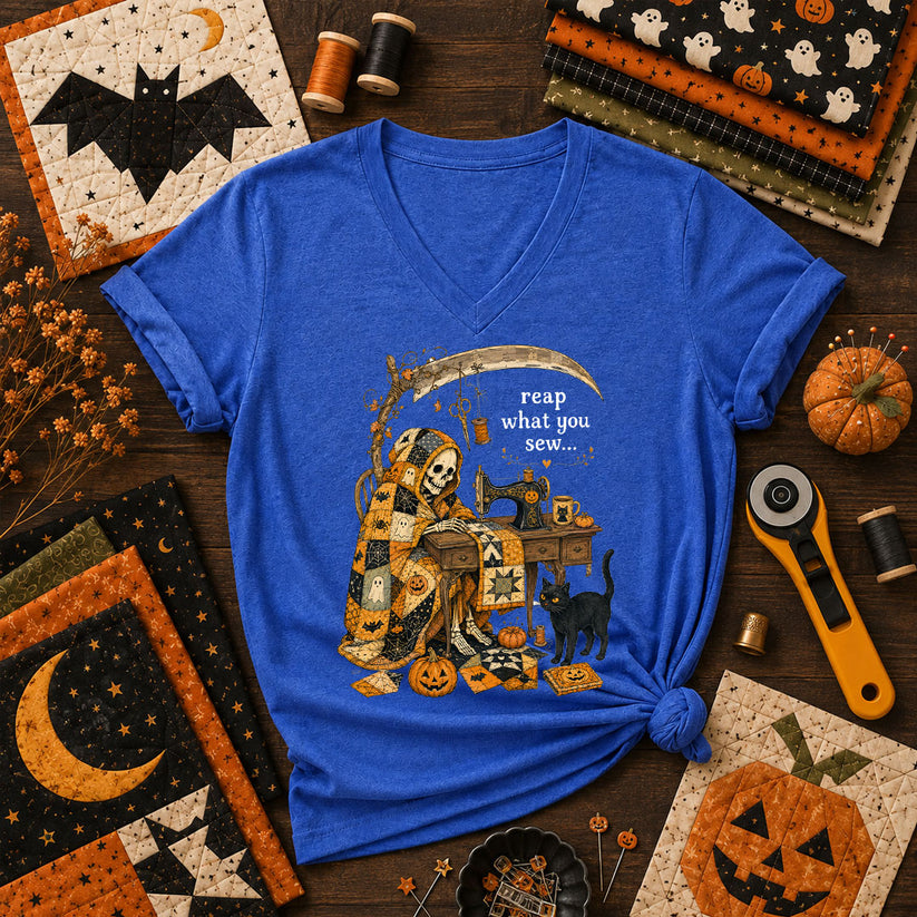 Reap What You Sew Skeleton Halloween Women's V-Neck - Heather True Royal