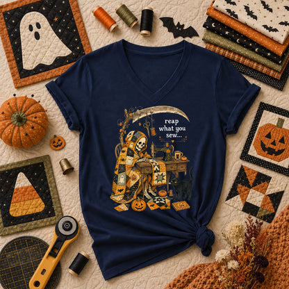 Reap What You Sew Skeleton Halloween Women's V-Neck - Navy