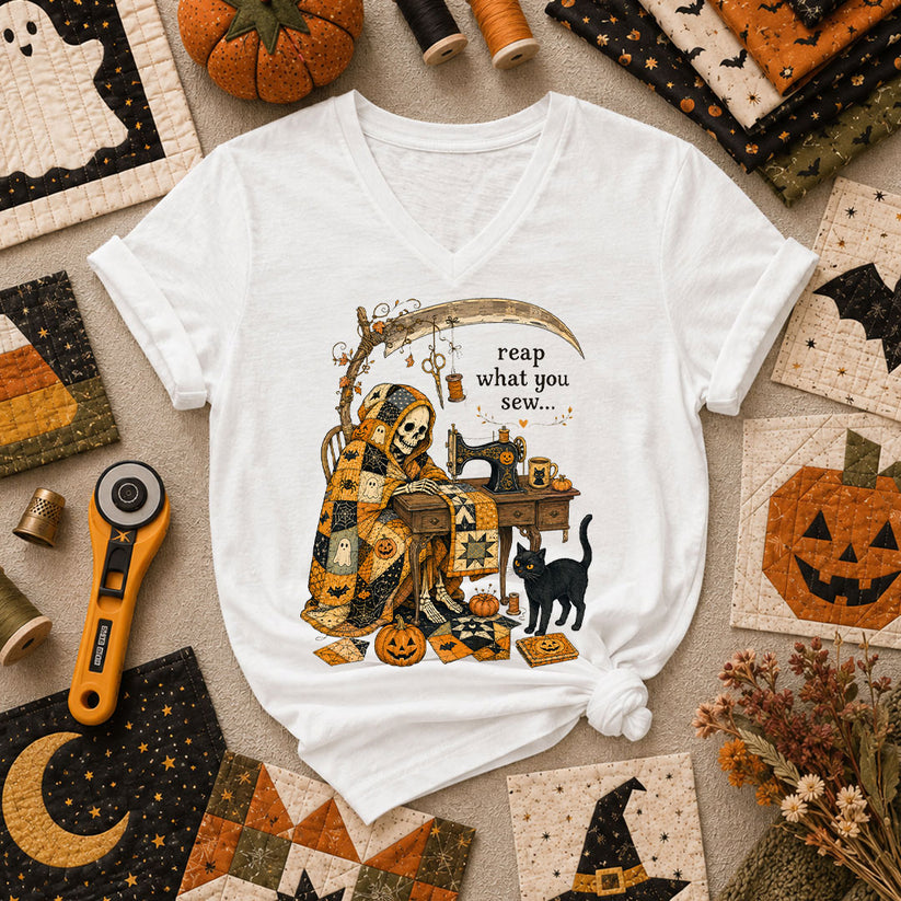 Reap What You Sew Skeleton Halloween Women's V-Neck - White