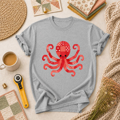 Red Patchwork Octopus Floral Quilt T-Shirt - Athletic Heather