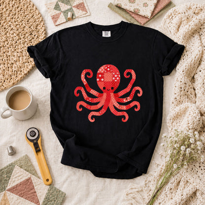 Red Patchwork Octopus Floral Quilt T-Shirt - Black