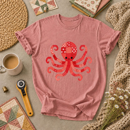 Red Patchwork Octopus Floral Quilt T-Shirt - Heather Mauve