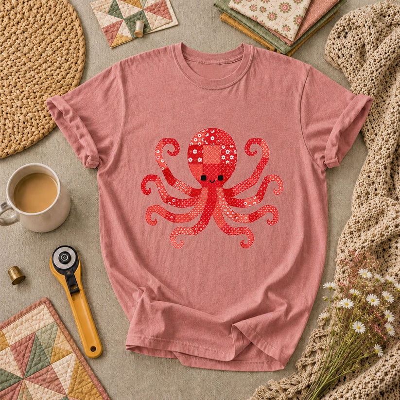 Red Patchwork Octopus Floral Quilt T-Shirt - Heather Mauve