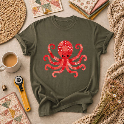Red Patchwork Octopus Floral Quilt T-Shirt - Military Green