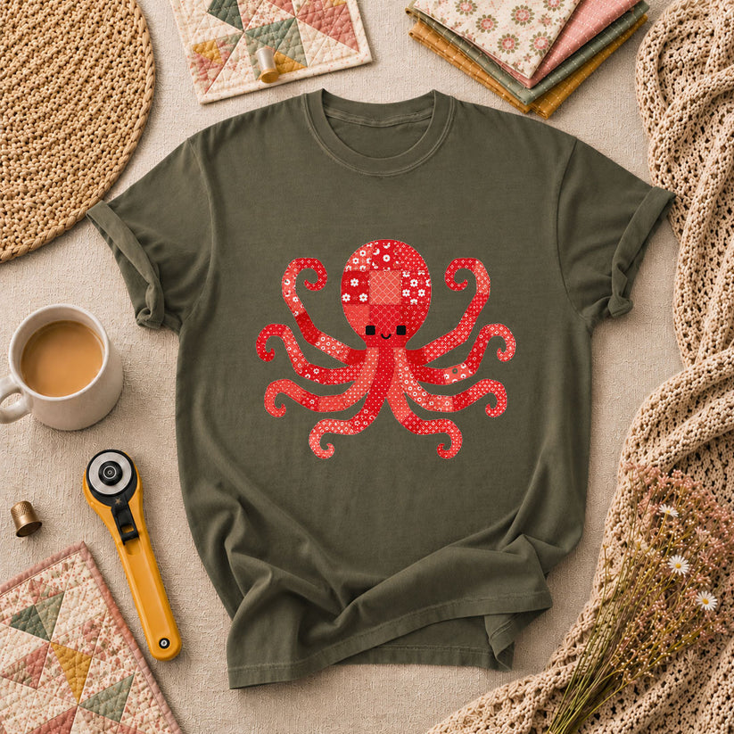 Red Patchwork Octopus Floral Quilt T-Shirt - Military Green