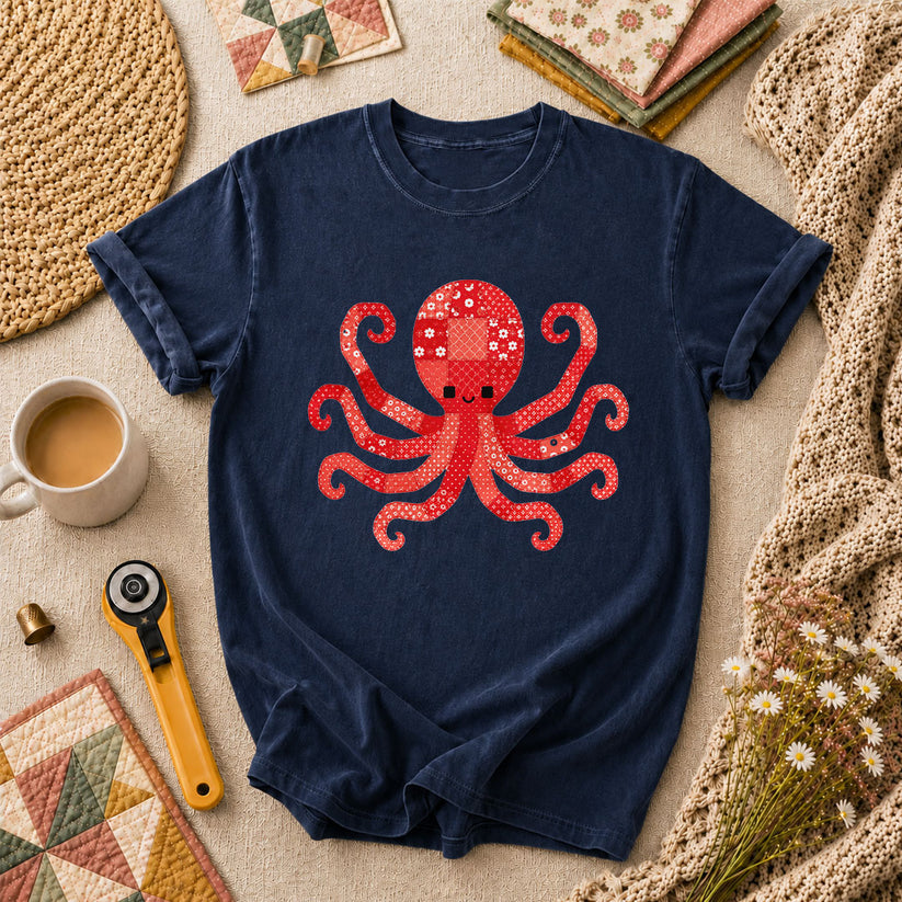 Red Patchwork Octopus Floral Quilt T-Shirt - Navy