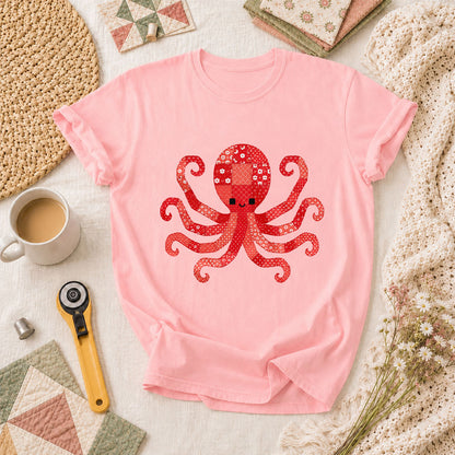 Red Patchwork Octopus Floral Quilt T-Shirt - Pink
