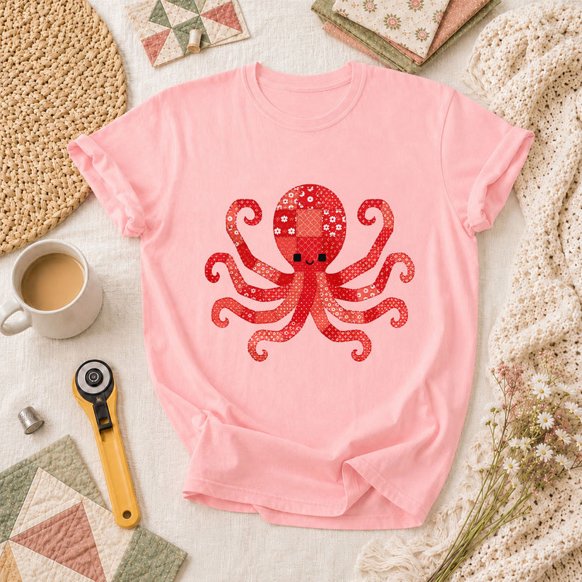 Red Patchwork Octopus Floral Quilt T-Shirt - Pink