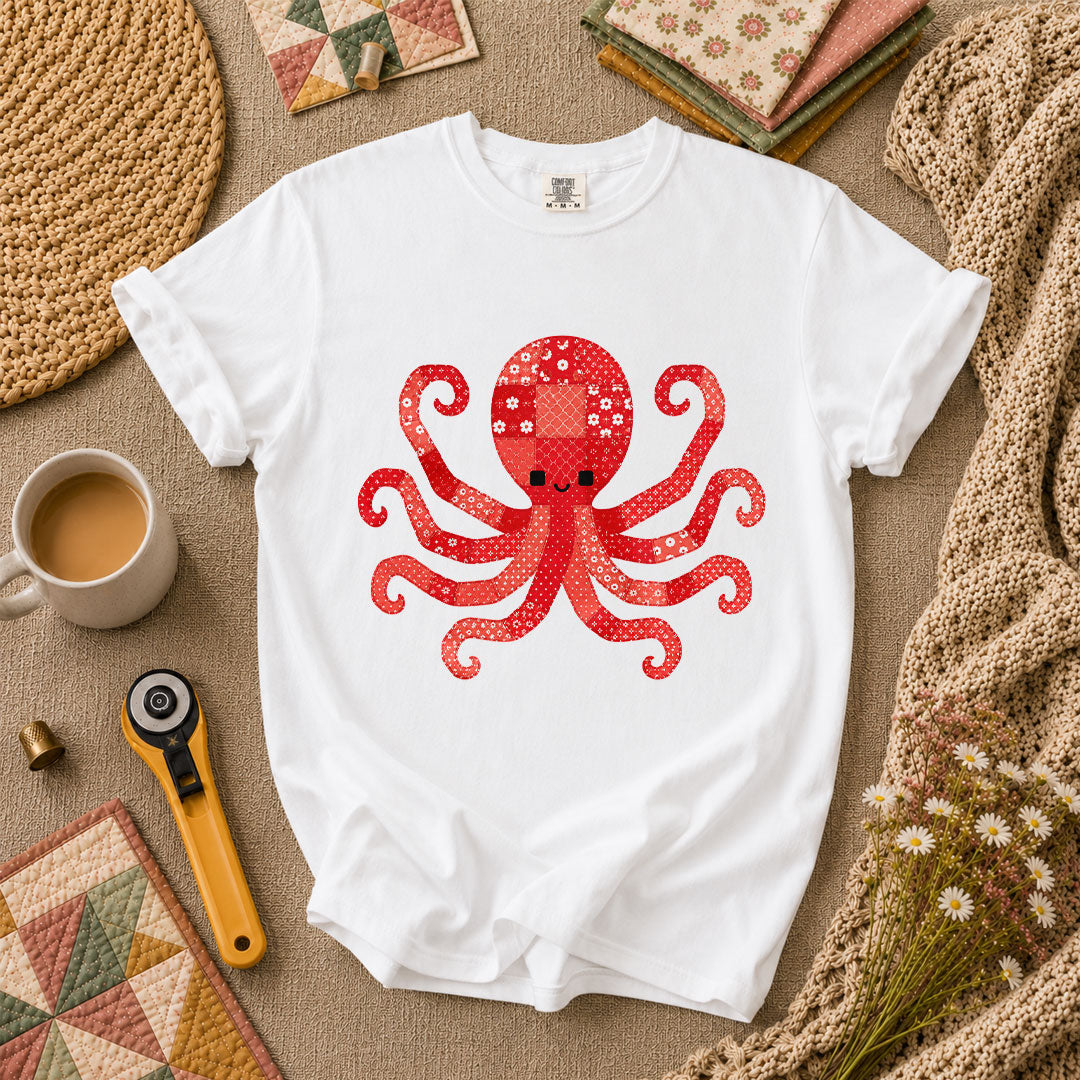 Red Patchwork Octopus Floral Quilt T-Shirt - White