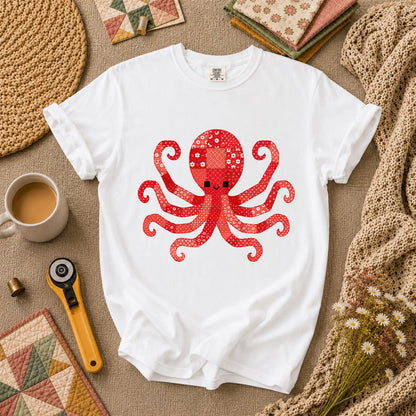 Red Patchwork Octopus Floral Quilt T-Shirt - White