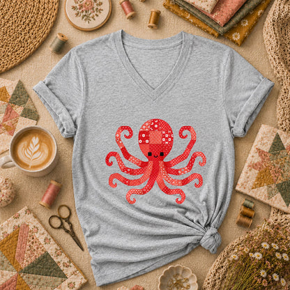 Red Patchwork Octopus Floral Quilt Women's V-Neck - Athletic Heather