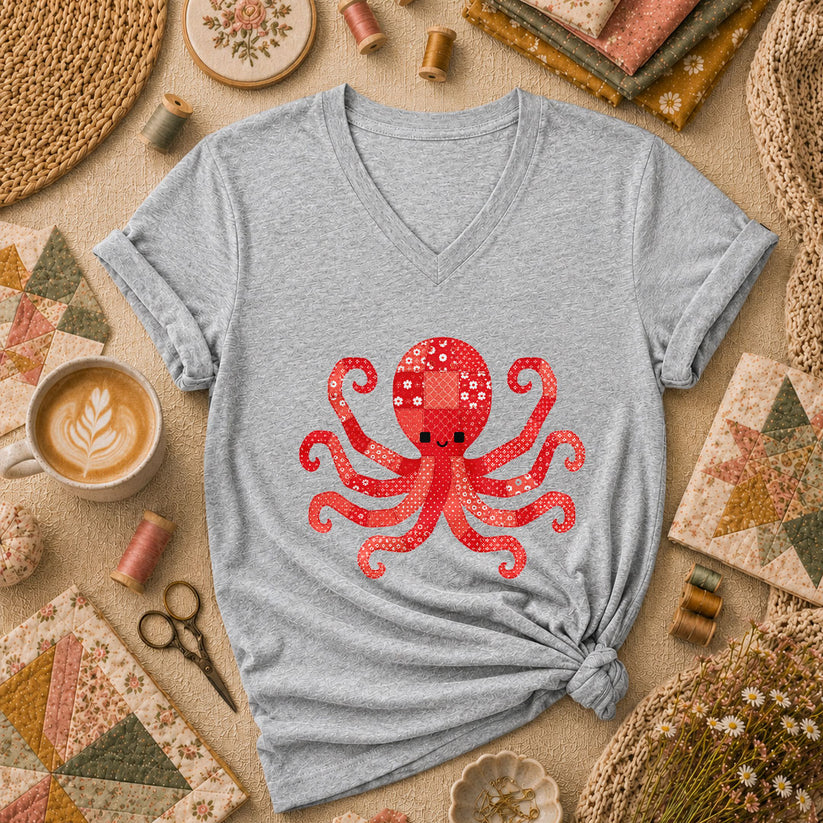 Red Patchwork Octopus Floral Quilt Women's V-Neck - Athletic Heather
