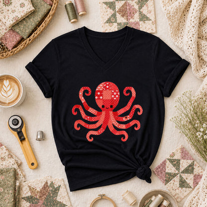 Red Patchwork Octopus Floral Quilt Women's V-Neck - Black