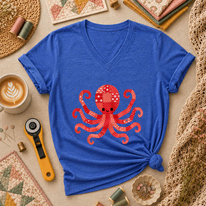 Red Patchwork Octopus Floral Quilt Women's V-Neck - Heather True Royal